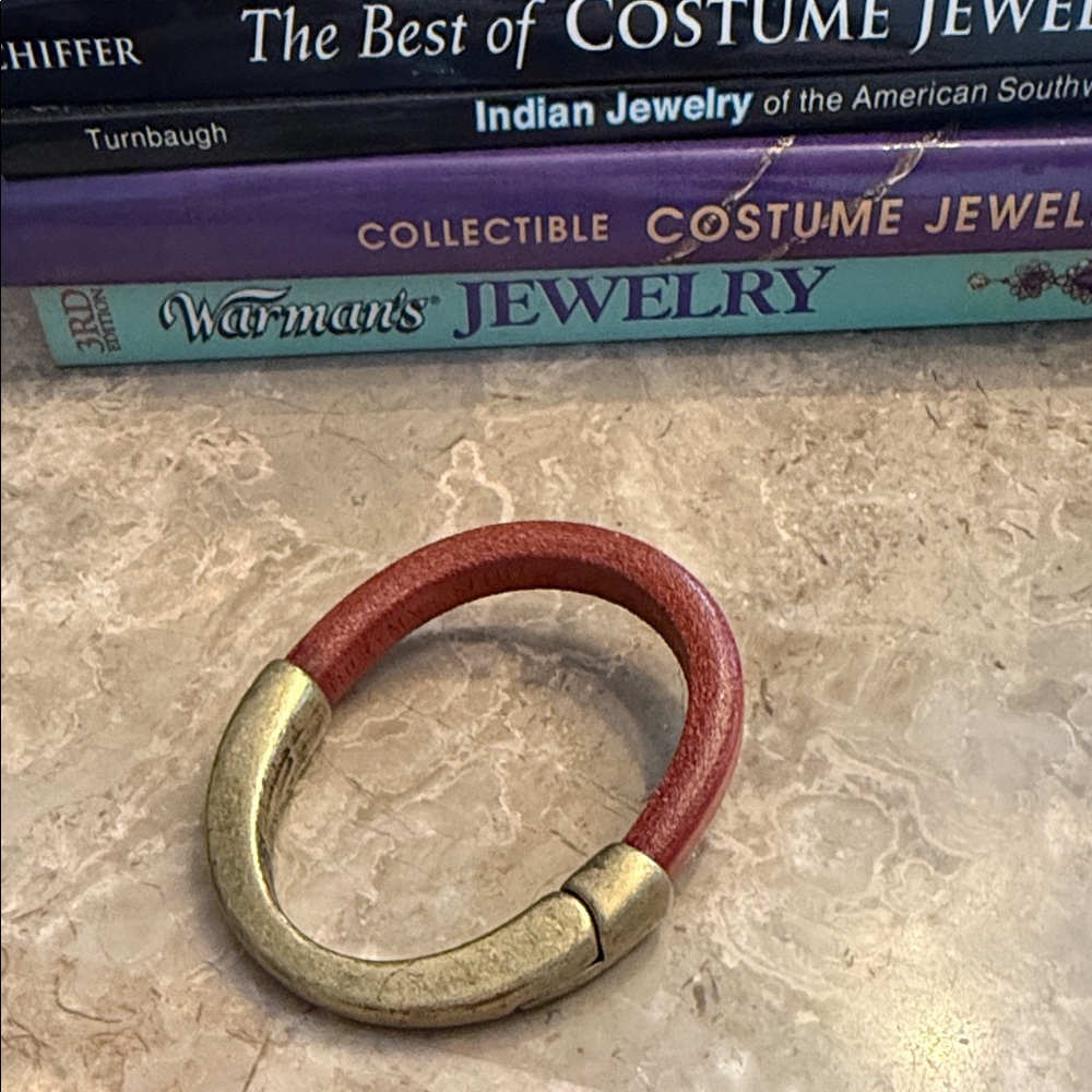 Lindsay Jordan, magnetic cuff bracelet, brass and genuine, leather, dark red